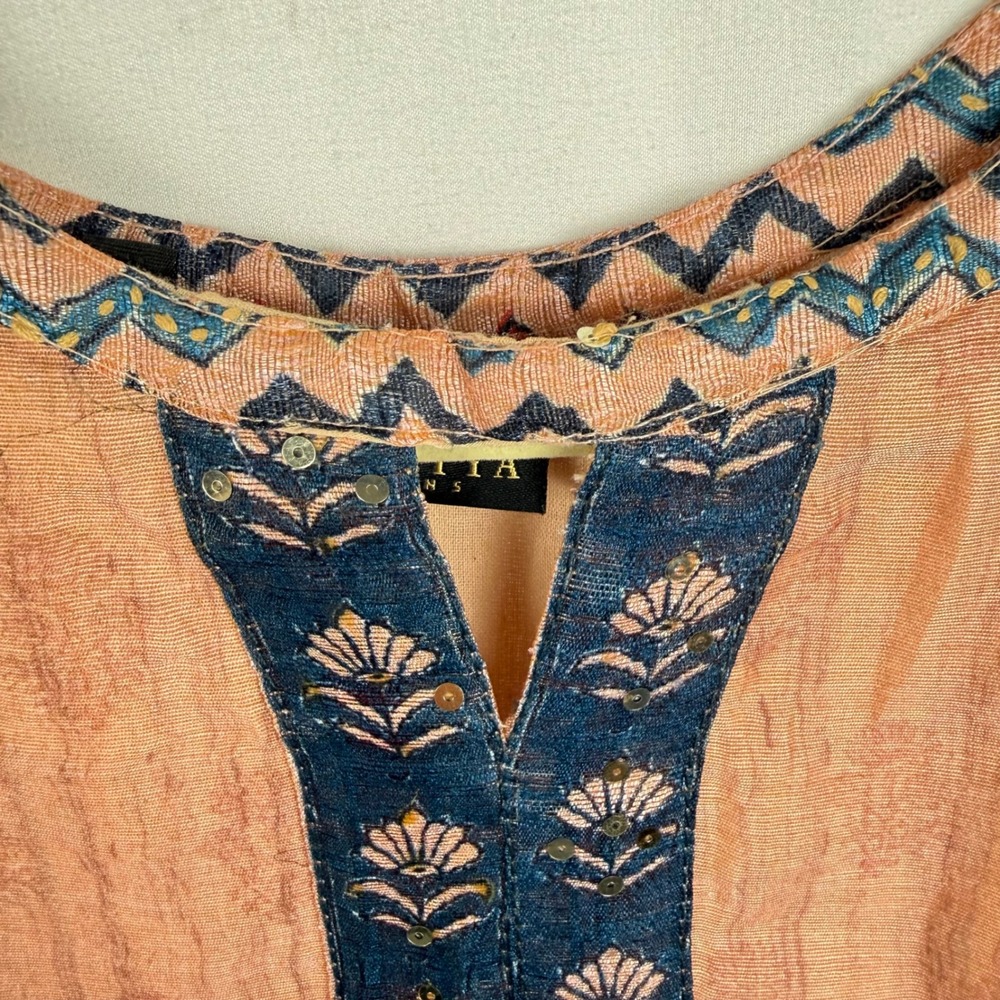 Sanwariya Indian Kurta Tunic Dress Peach Embroidered Long Lightweight Decorative - Picture 4 of 8